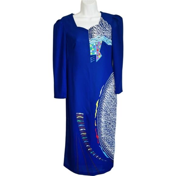 Vintage 80s Asian Cheongsam Blue Purple Hand Painted Dress Shoulder Pads size M - Picture 1 of 9